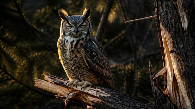 A majestic great horned owl perches motionless on a jagged tree branch within a dark forest during golden hour, showcasing its sharp talons and beautiful feathers in a peaceful nature scene.