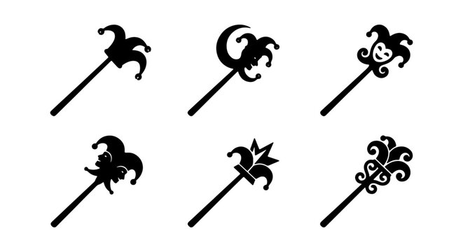 Set of jester scepters and marotte icons, vector illustration