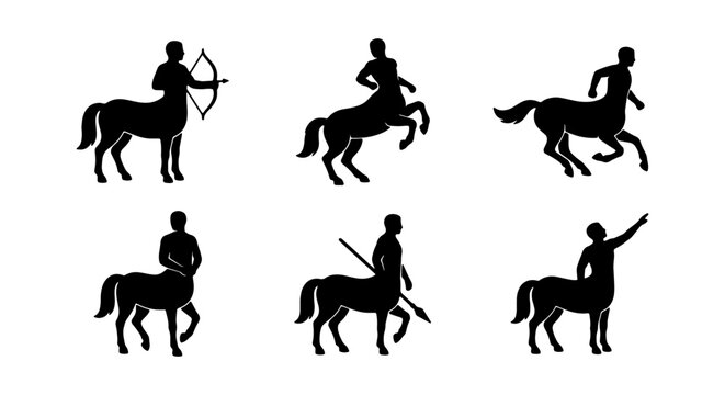 Set of centaur silhouettes in different poses, mythological creatures with human upper bodies and horse lower bodies