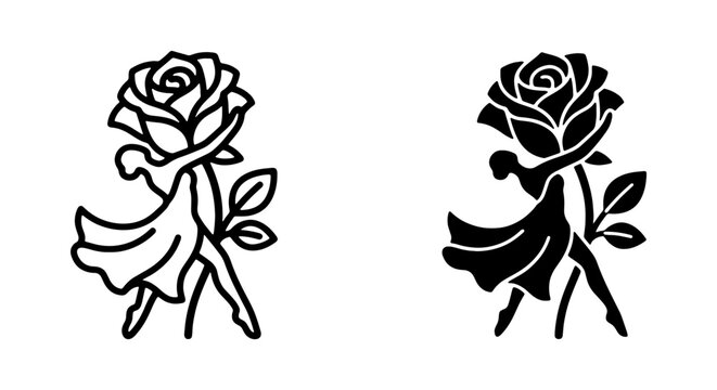 Silhouette of a dancing woman with a rose flower head, elegant ballerina in a dress, vector illustration