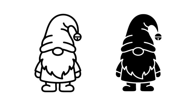 Cute gnome vector illustration, outline and silhouette icons of a garden dwarf