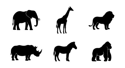 Fototapeta premium Set of wild animal silhouettes including elephant, giraffe, lion, rhinoceros, zebra, and gorilla