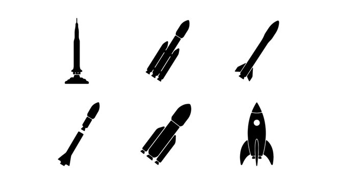 Set of rocket icons, space launch vehicles, spacecraft silhouettes, collection of various rocket designs for space exploration and travel