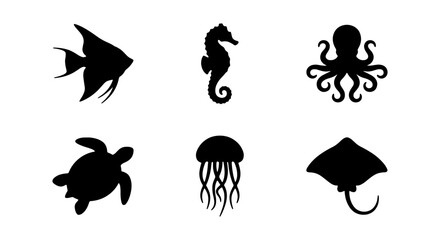 Set of sea animals silhouettes including fish, seahorse, octopus, turtle, jellyfish and stingray © PURE VECTOR WORK