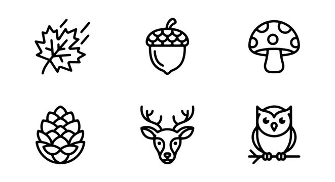Set of fall nature icons including leaf, acorn, mushroom, pine cone, deer, and owl