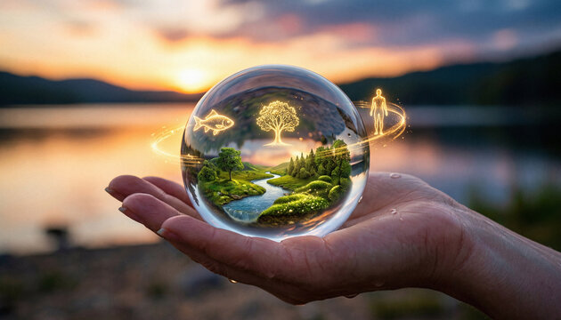 Woman holding crystal ball with holographic nature inside. Ecology concept with tree, fish and human silhouette representing harmony between planet environment and life. Future sustainability.