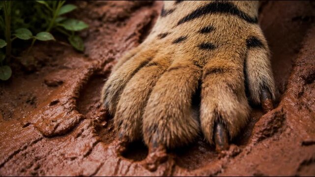 A massive tiger paw rests firmly in deep wet mud with the sharp claws slightly extended, capturing the immense power and intricate fur detail of a wild predator stalking through the forest.