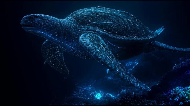 A majestic sea turtle glides gracefully through the dark ocean depths while its textured shell shimmer in the bioluminescent light of a glowing coral reef during a peaceful night swim in the sea.