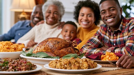Fototapeta premium Happy Black family enjoying a festive Thanksgiving dinner with a roasted turkey
