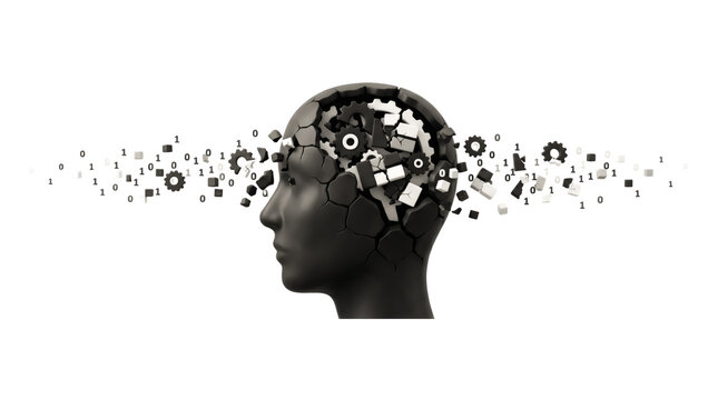 Binary stream around broken head. Digital system overload concept.