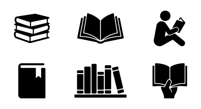 Set of black book icons, including stack of books, open book, person reading, book with bookmark, bookshelf, and hands holding an open book
