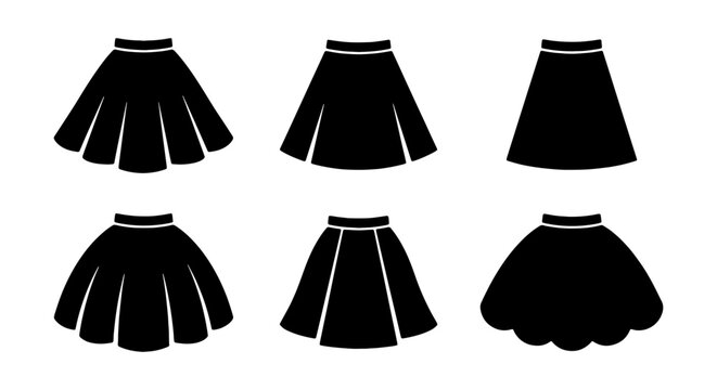 Set of different skirt silhouettes, pleated and flared skirts icons