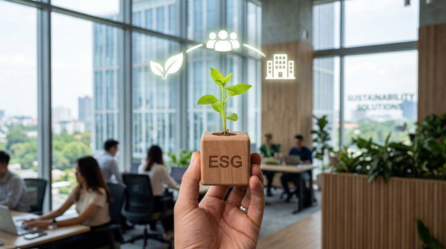 Hand holding a wooden cube with a small plant for ESG concept. Office worker presenting environmental sustainability strategy. Corporate responsibility and green business management.
