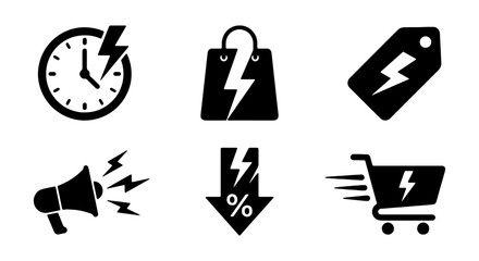 Flash sale icons clock, shopping bag, tag, megaphone, discount, cart © PURE VECTOR WORK