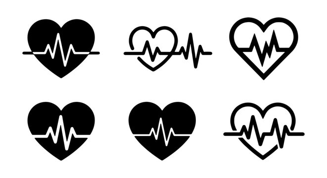 Set of heart beat icons, ekg pulse line inside heart shape, medical cardiology symbols