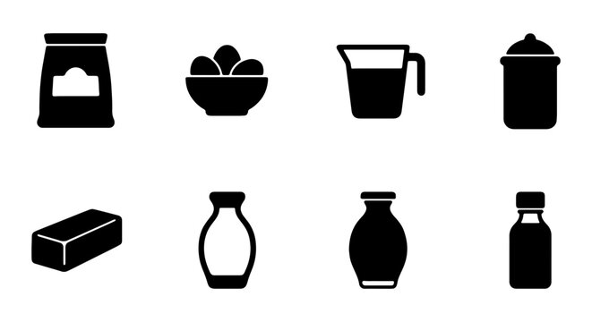 Set of kitchen ingredients icons, including flour, eggs, measuring cup, sugar, butter, oil, milk and vanilla extract
