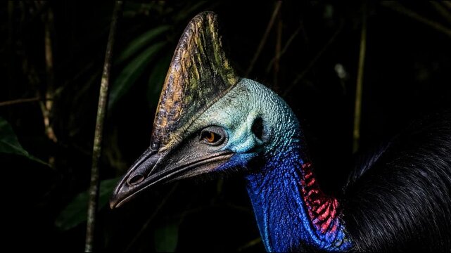 A majestic southern cassowary stands amidst the dark dense rainforest foliage while its iridescent features glow in the low light, capturing the prehistoric essence of this rare bird.