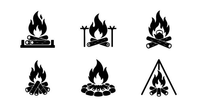 Set of campfire icons, bonfire symbols, vector illustration of burning wood logs, outdoor activities, camping and hiking design elements