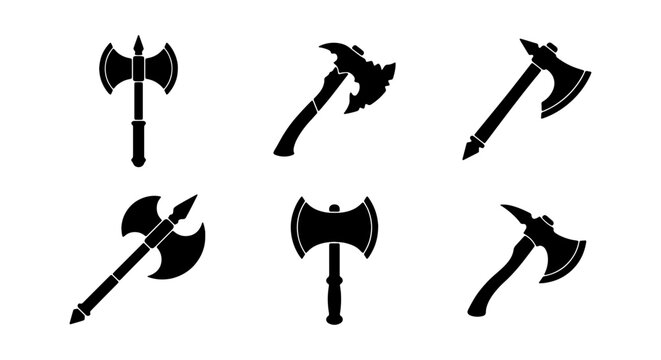 Set of silhouettes of various medieval axes, battle axes, and hatchets
