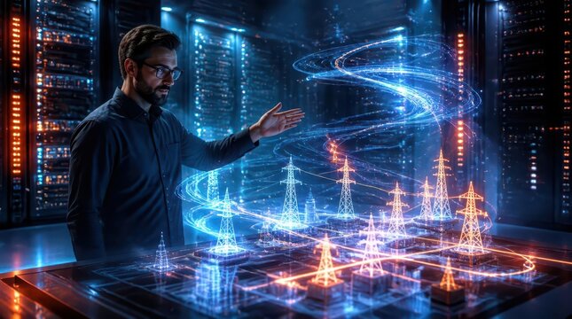 A dedicated software architect gestures towards glowing holographic power grid infrastructure while surrounded by high performance server towers in a cinematic widescreen data center environment.