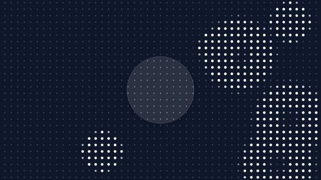 Glowing digital dot matrix particles forming a rotating cluster, seamless loop with subtle parallax camera movement, dark navy grid background, symbolizing connectivity and modern communication