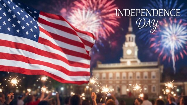 US Independence Day Celebration with American Flag, Fireworks, and Sparklers at Independence Hall