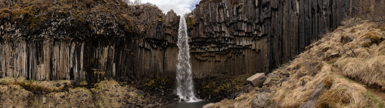 Cascade islandaise tombant entre d&rsquo;impressionnantes colonnes de basalte dans un paysage volcanique. Svartifoss, parc national du Vatnaj&ouml;kull, Islande
