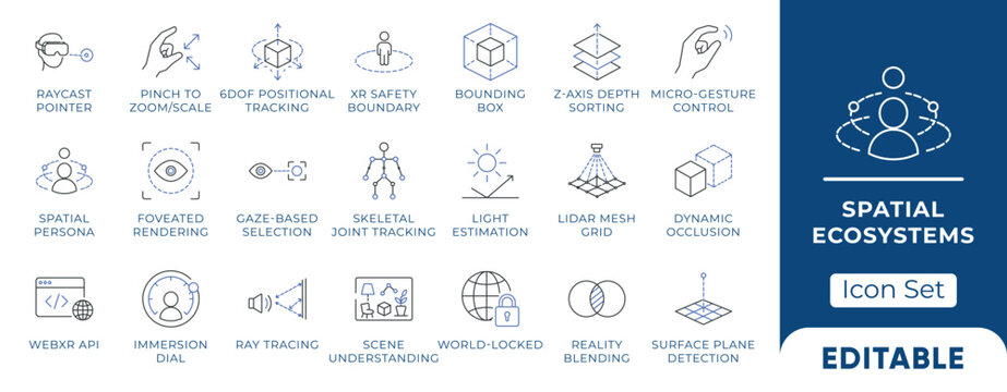 Spatial Computing & Mixed Reality UI Kit &ndash; XR Developer Outline Icon Set.