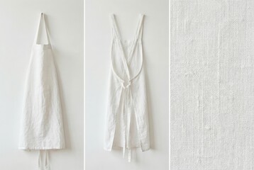 Fototapeta premium Minimalist white linen cross back apron hanging on a wall