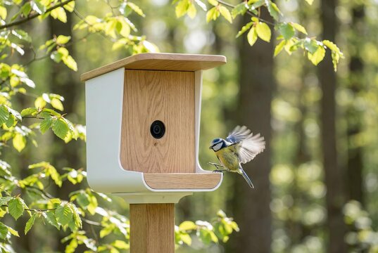 A blue tit bird lands on a modern birdhouse with a camera
