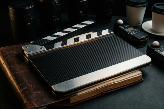 Filmmaking clapperboard on a vintage book with photography equipment