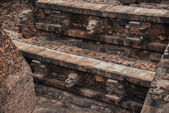 The Quetzalcoatl Temple is profusely decorated with reliefs that represent the god Tlaloc and the feathered serpent that symbolizes the terrestrial waters. "Teotihuacan" Mexican archeological site