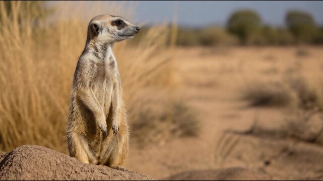 A vigilant meerkat stands upright on a sun baked mound with its fur gently ruffling in the breeze while scanning the vast african desert horizon, showcasing natural sentinel behavior in the wild.