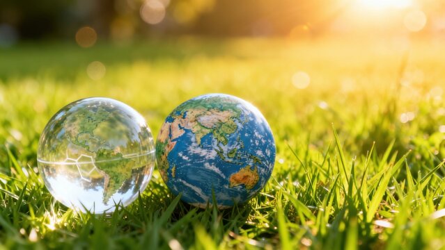 Two Earth globes on grass with sunlight
