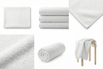 Obraz premium Collection of white fluffy towels arranged in various ways