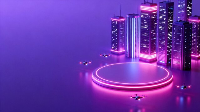 Futuristic cityscape with neon lights and drones