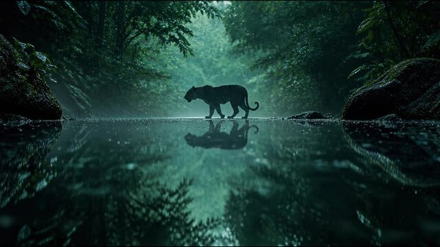 Majestic tiger stands motionless in the center of a tranquil mist shrouded jungle by a mirror like river, showcasing the powerful beauty and serene mystery of an apex predator in the wild.