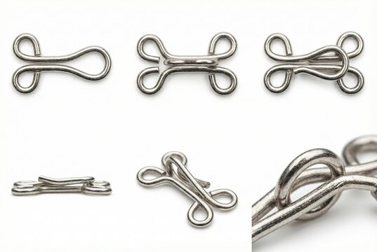 Close up of metal hook and eye fasteners for clothing on a white background