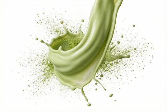 Green matcha liquid splashing and powder exploding in studio