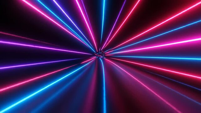 Abstract neon light tunnel with pink and blue streaks moving forward