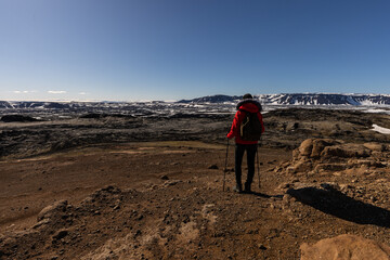 Fototapeta premium Voyageuse contemplant un vaste paysage volcanique dans les hautes terres d’Islande