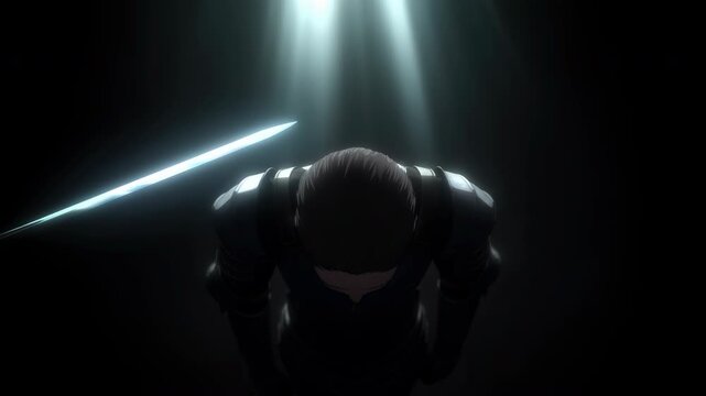 Medieval knight kneeling during a knighting ceremony under dramatic light