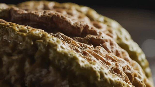 Close up macro shot of moldy bread texture and surface.