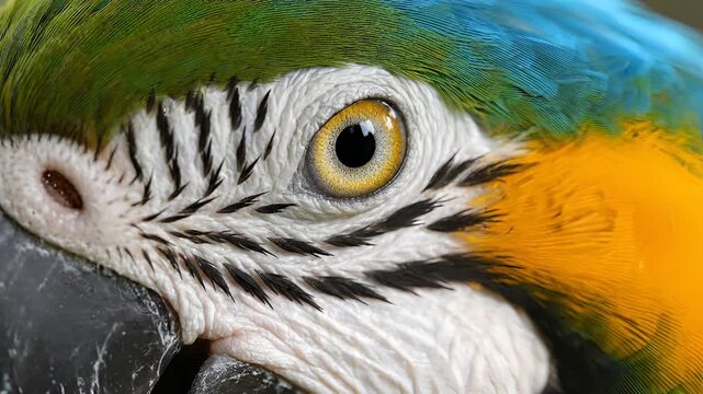 Close up of a Blue and Gold Macaw parrots eye and feathers.