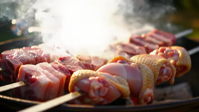 Macro video of glistening, sizzling marinated pork belly, beef, chicken on skewers over hot charcoal. Golden crust, bubbling juices, fragrant smoke, creamy bokeh, golden hour sunlight. Gourmet