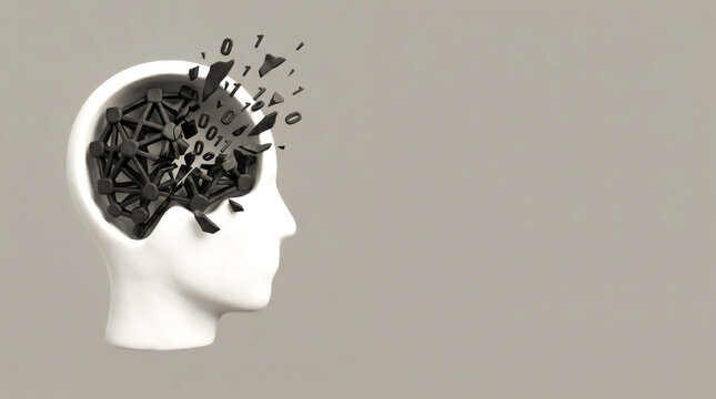 Human head with shattered network. Digital brain failure concept.