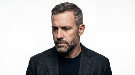 Obraz premium Close-up Portrait of a Pensive Mature Man with Salt and Pepper Beard Wearing a Charcoal Wool Blazer, Serious Expression on White Background