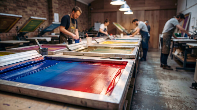 Screen printing studio producing artistic gradient posters with vibrant colorful layered ink mesh