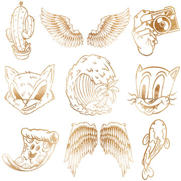 Shimmering golden cartoon sticker collection design resource