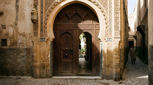 Ornate Carved Wooden Door and Moorish Archway in Ancient Moroccan Medina, Traditional Islamic Architecture Entrance in Morocco, Historic Cobblestone Street Alley
